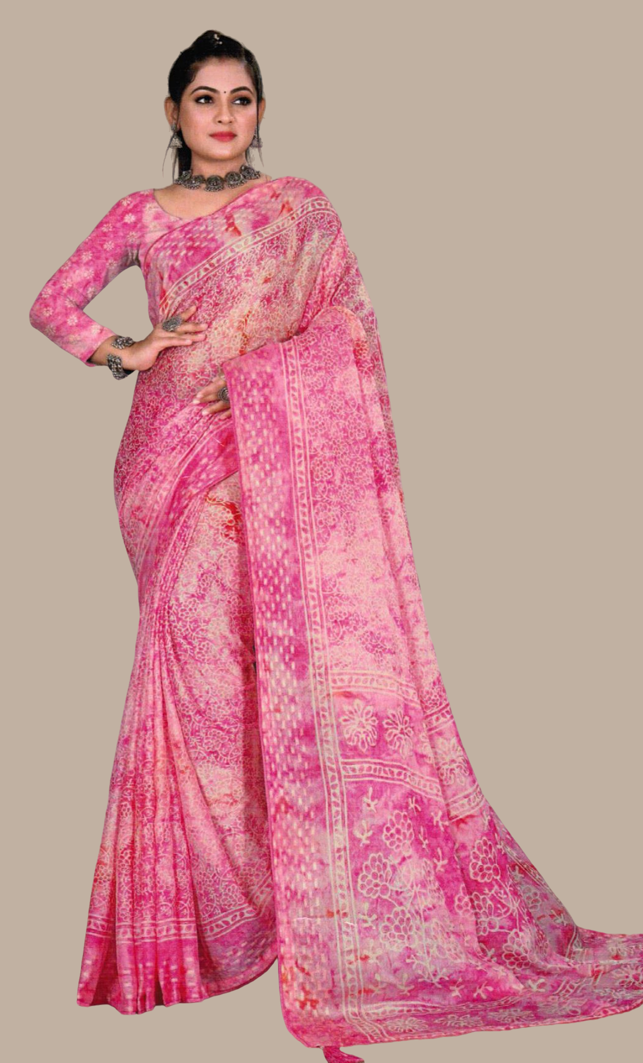 Spicy Pink Printed Sari