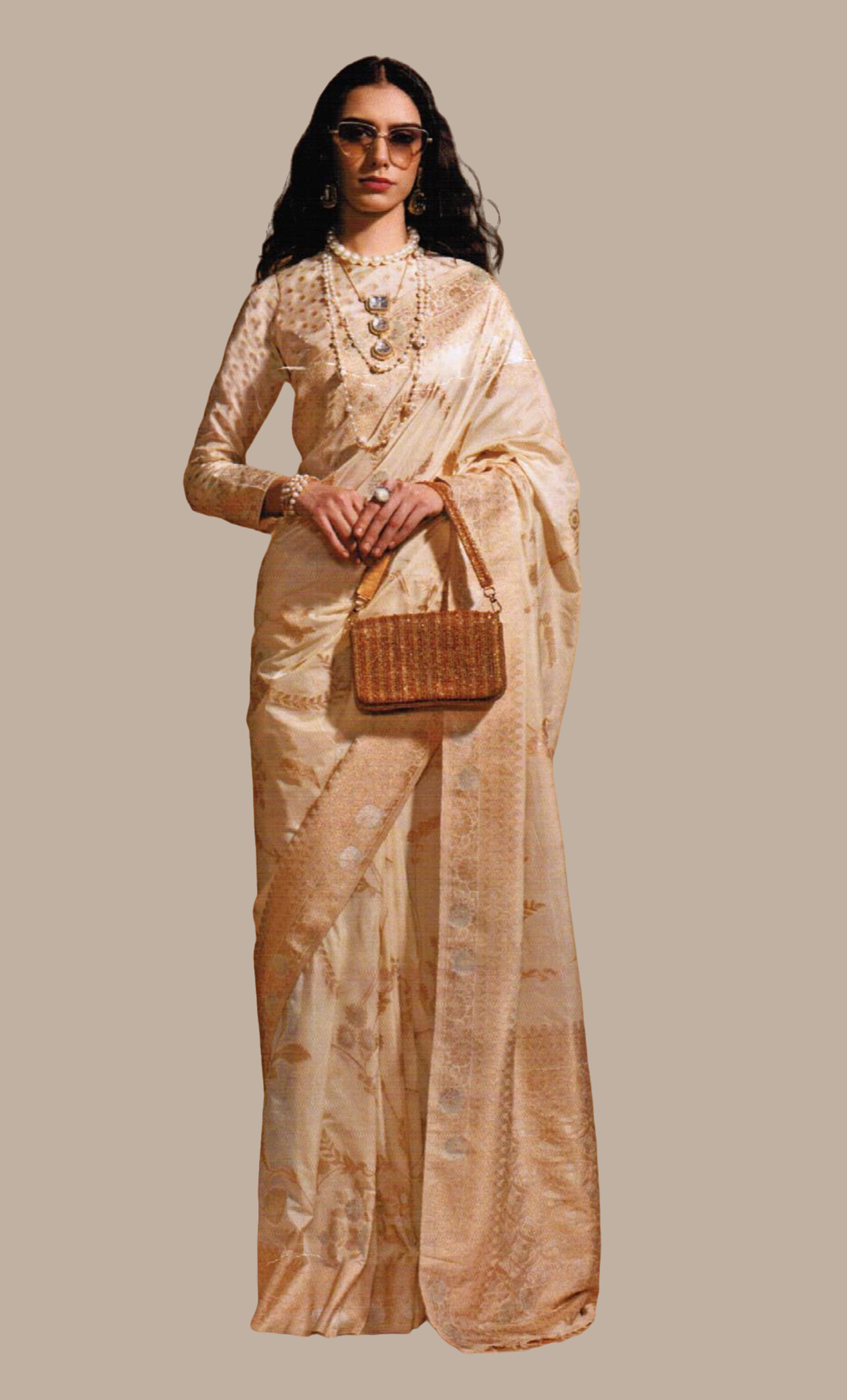 Cream Woven Art Silk Sari