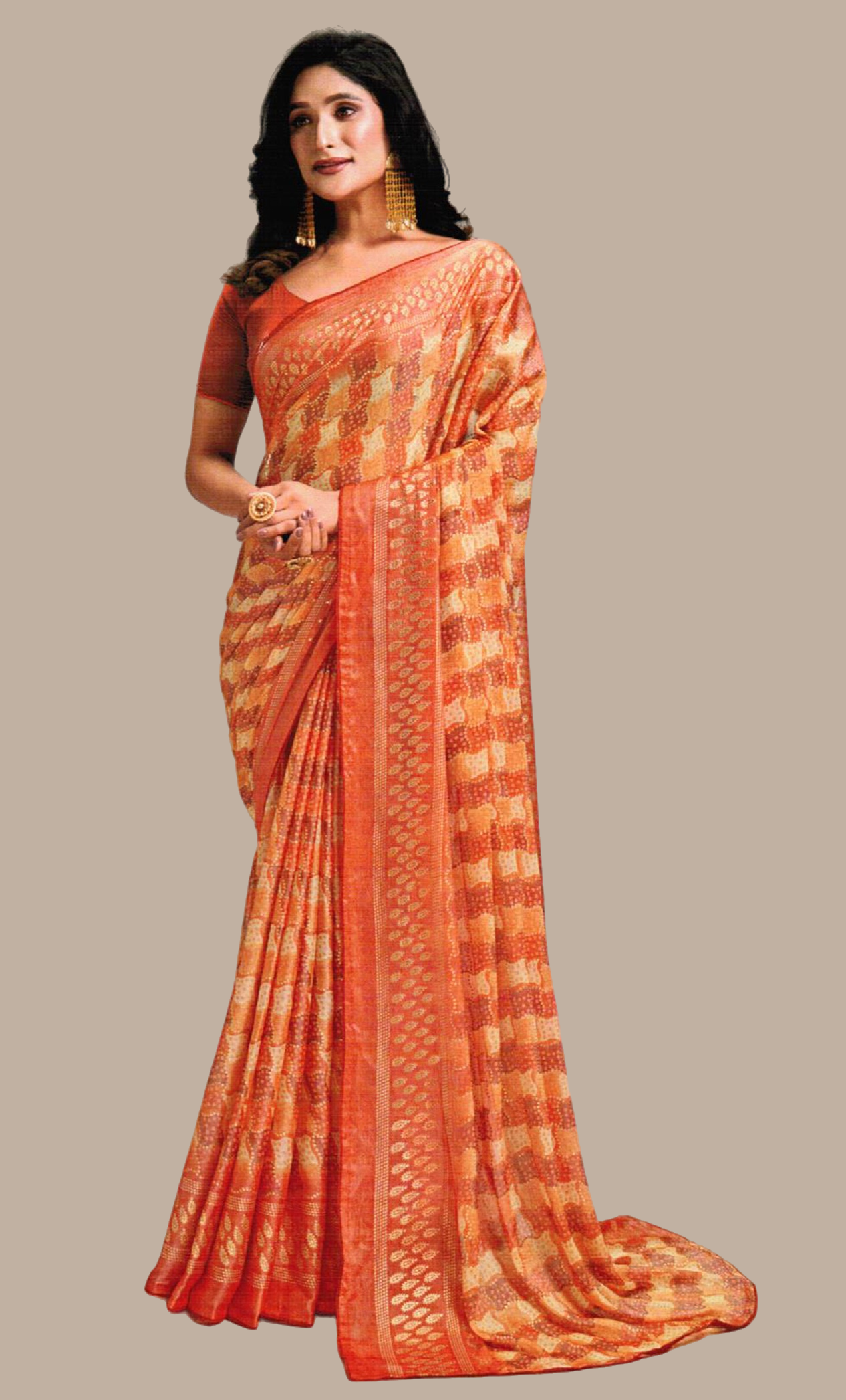 Deep Coral Printed Sari