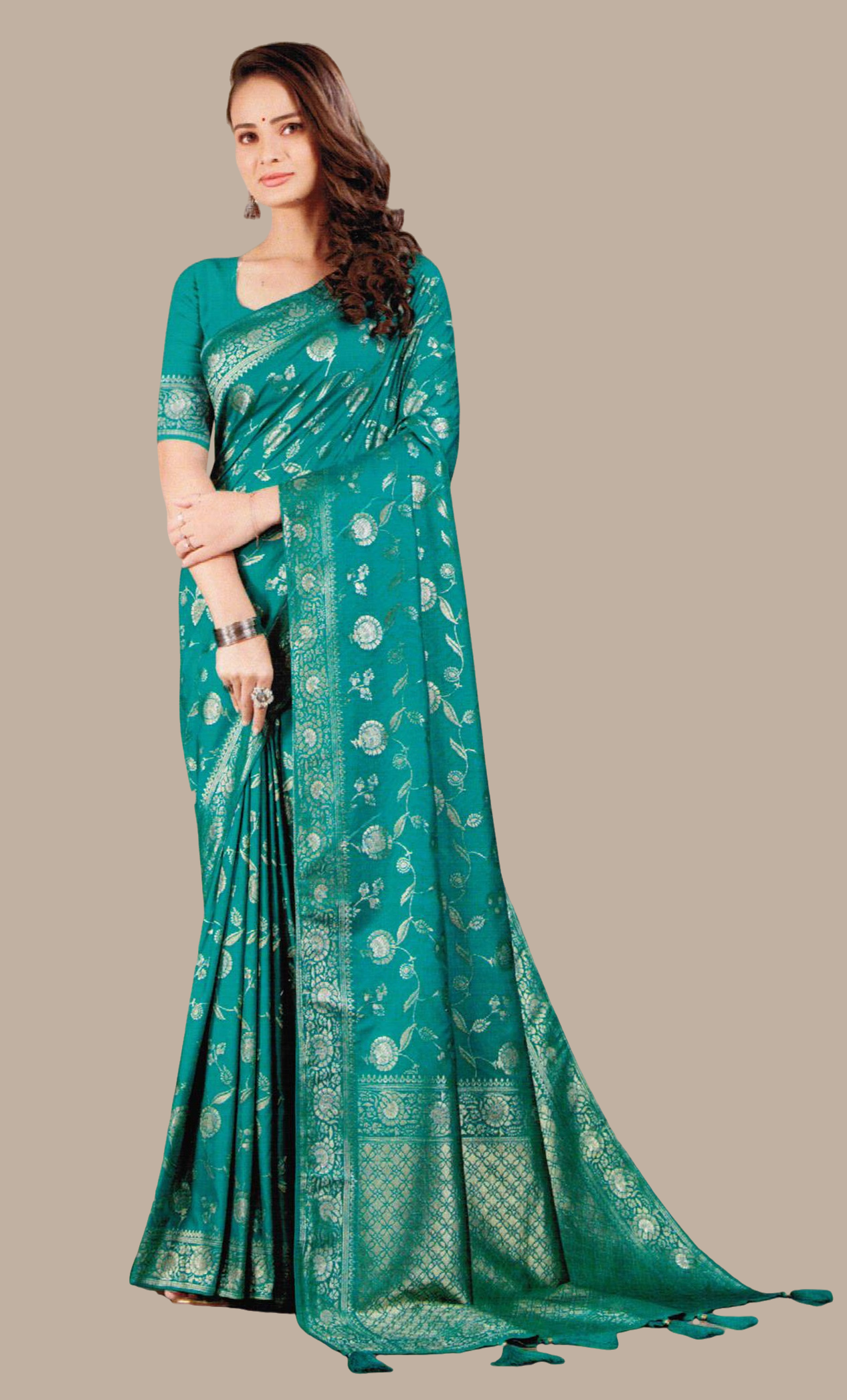 Teal Green Woven Art Silk Sari