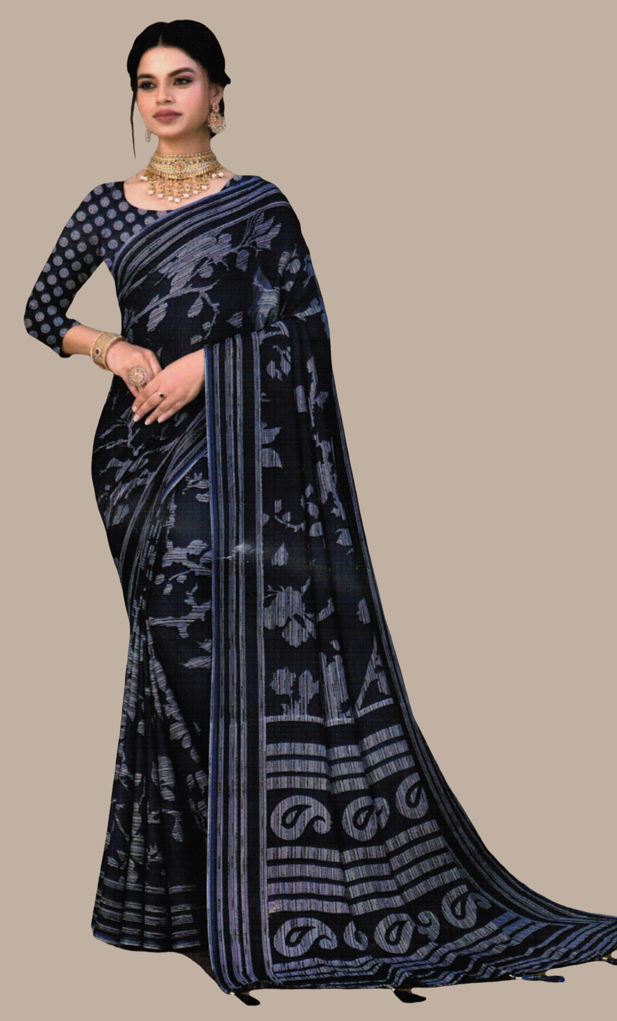 Navy Blue Printed Sari