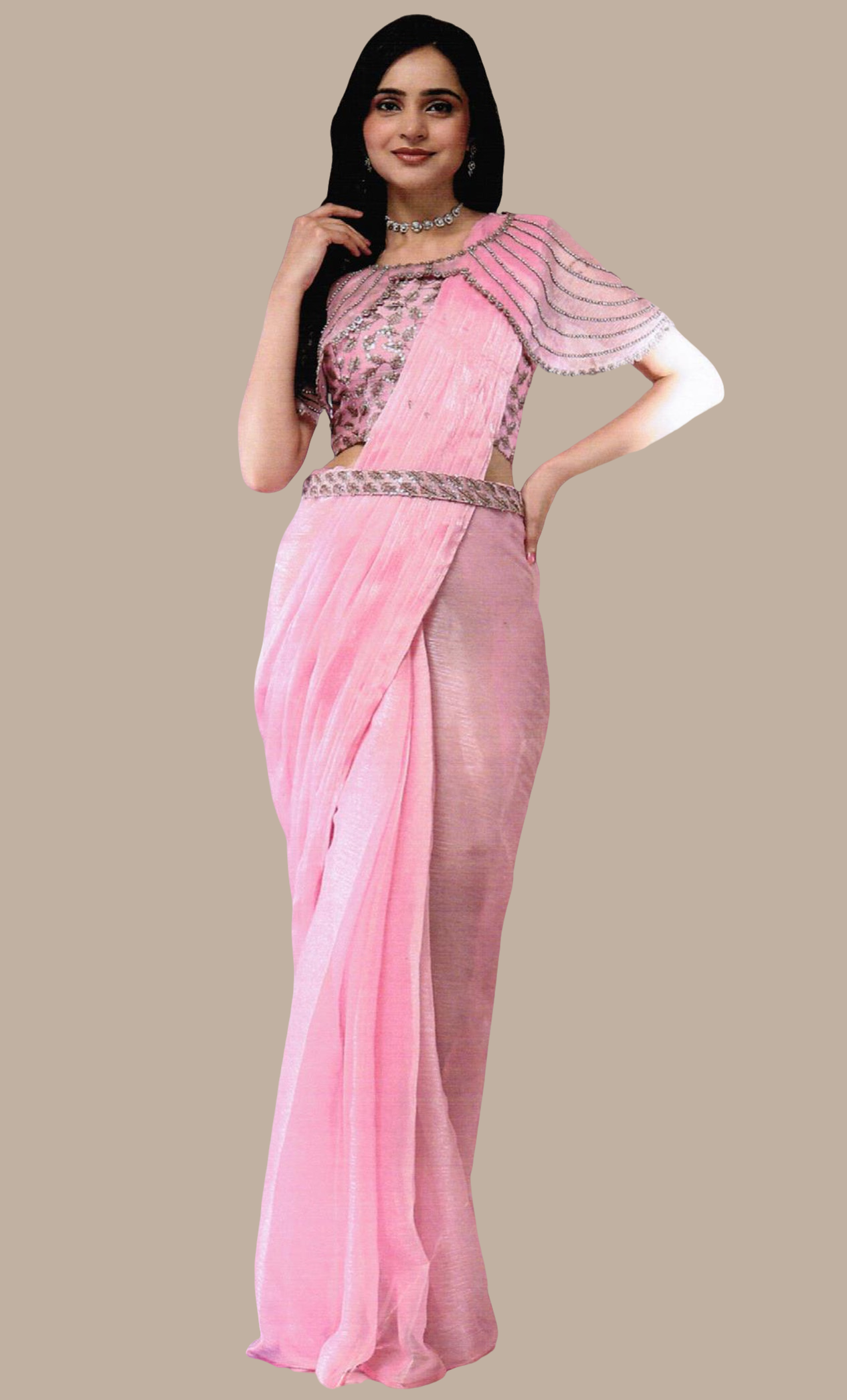 Baby Pink Ready Sari With Ready Made Blouse