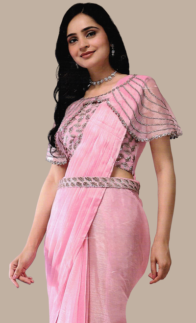 Baby Pink Ready Sari With Ready Made Blouse