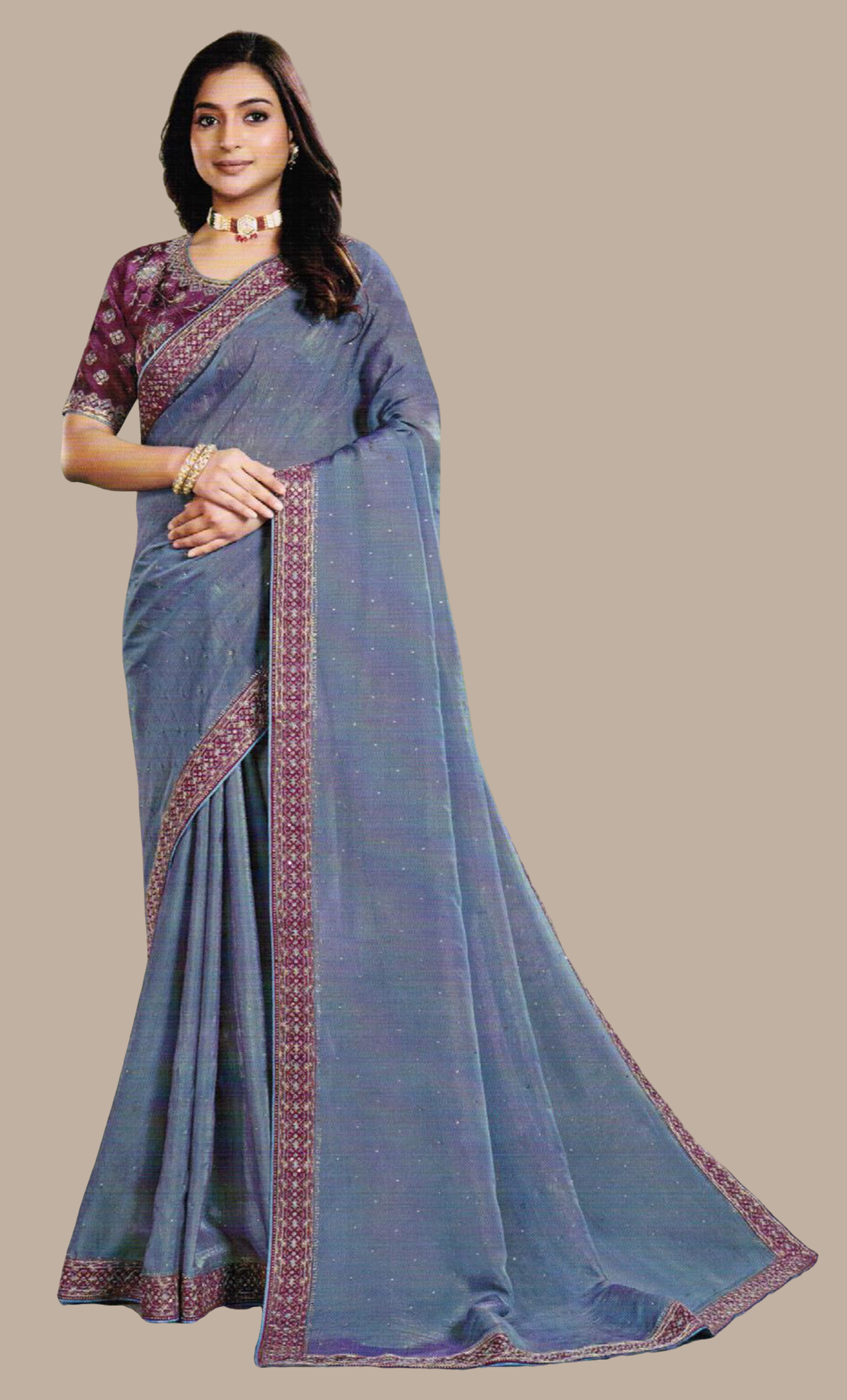 Grey Blue Embroidered Sari