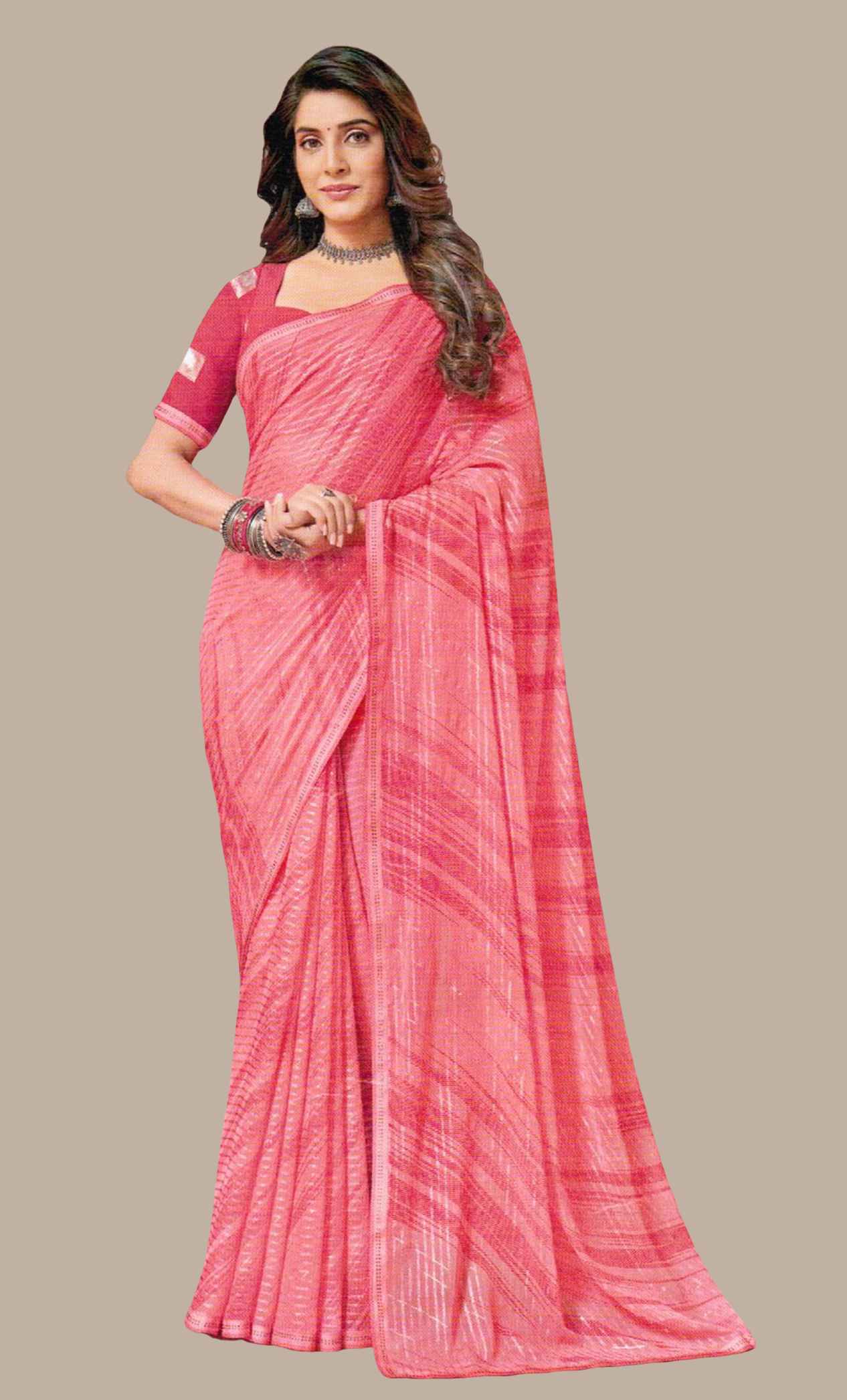 Salmon Pink Printed Sari