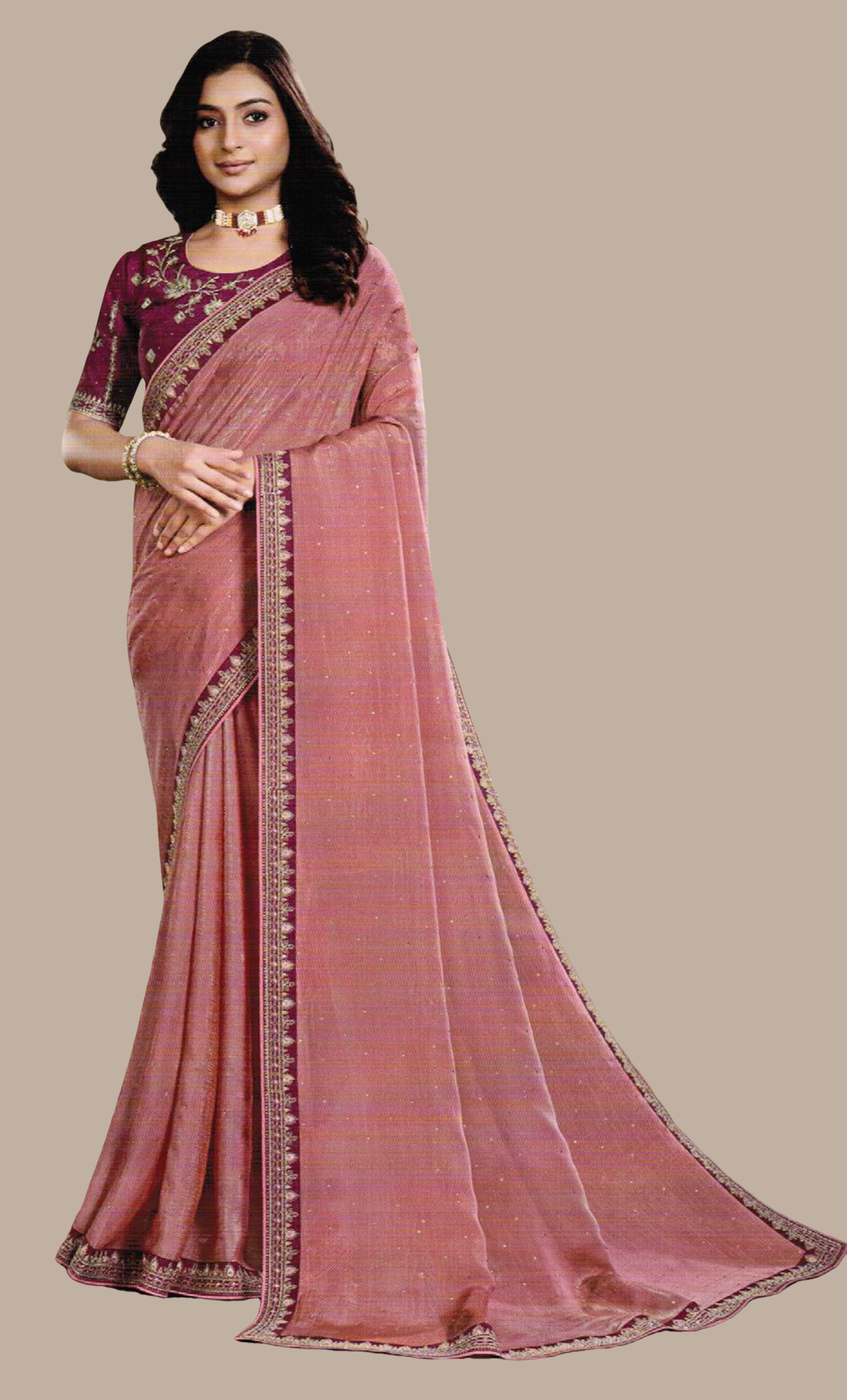 Deep Peach Embroidered Sari