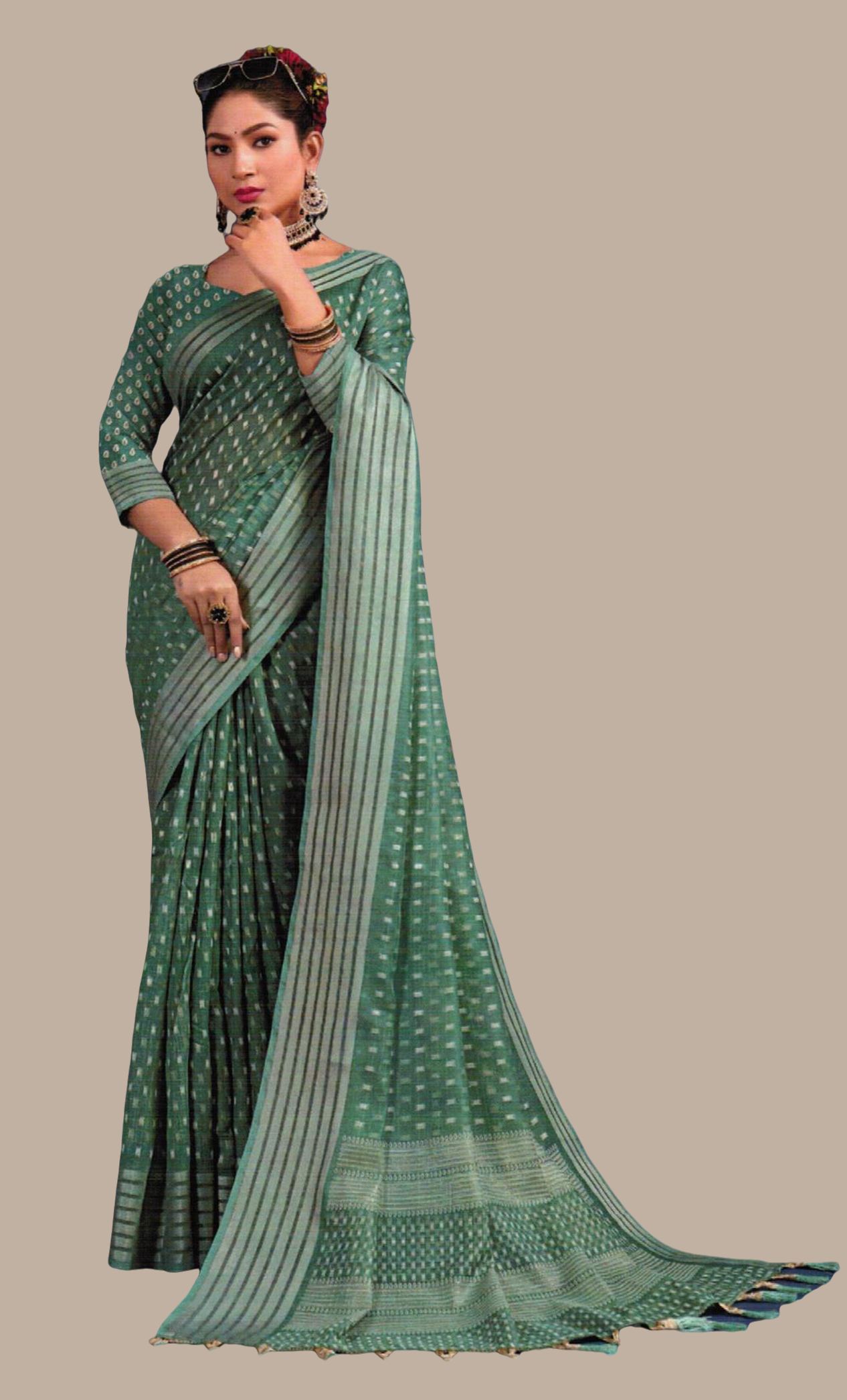 Deep Pale Green Woven Sari