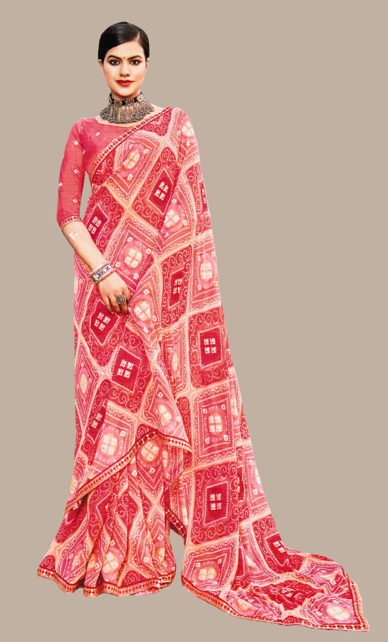 Light Coral Bandhani Printed Sari