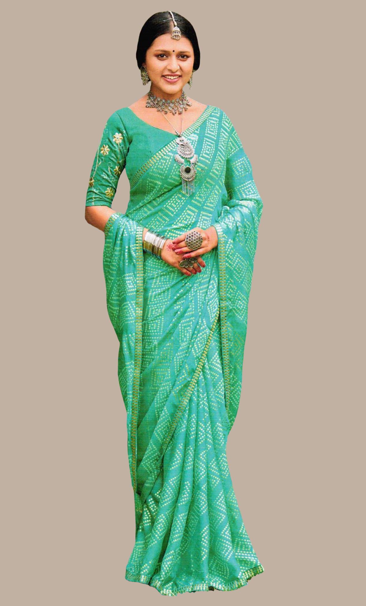 Aqua Green Bandhani Printed Sari