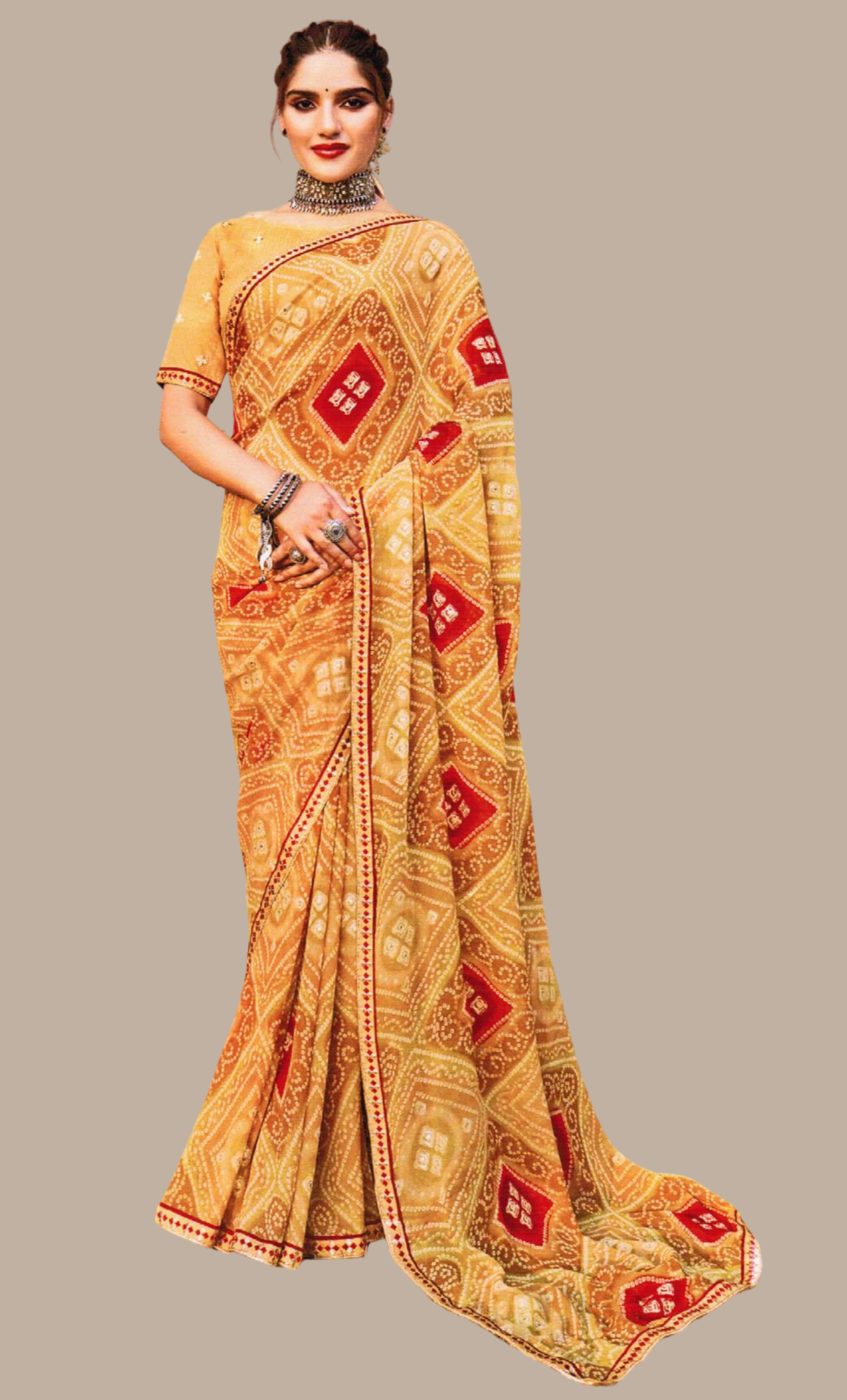 Biscuit Bandhani Printed Sari