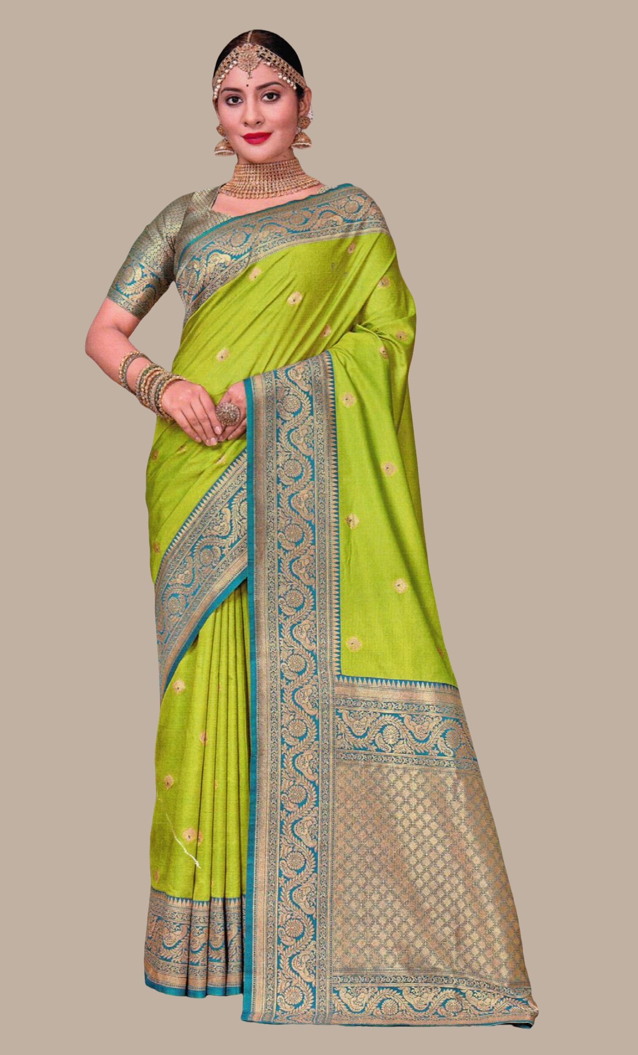 Lime Green Woven Art Silk Sari