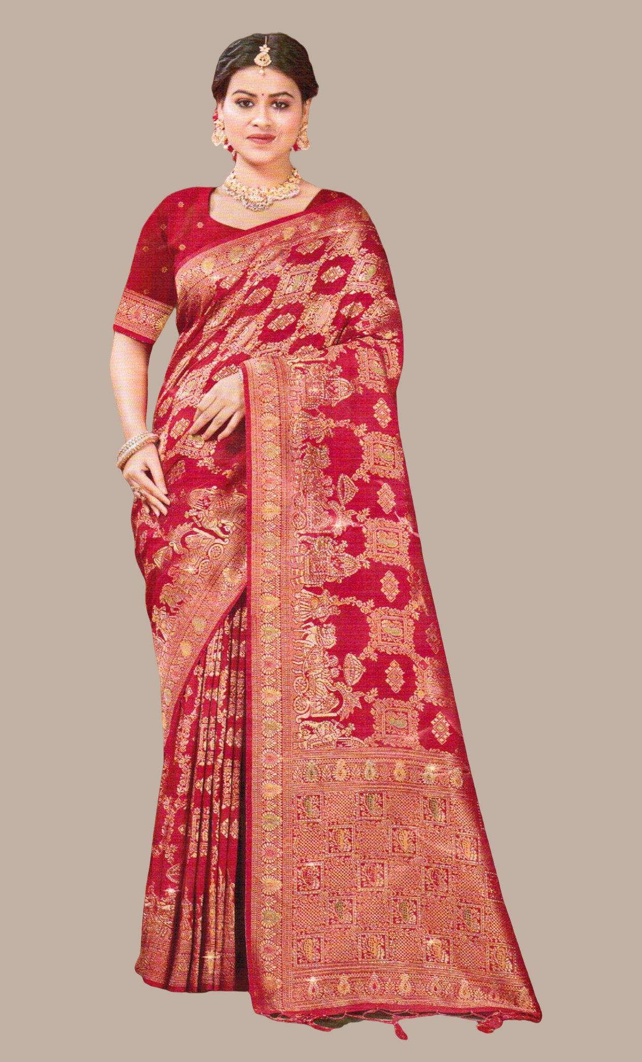 Deep Red Woven Art Silk Sari