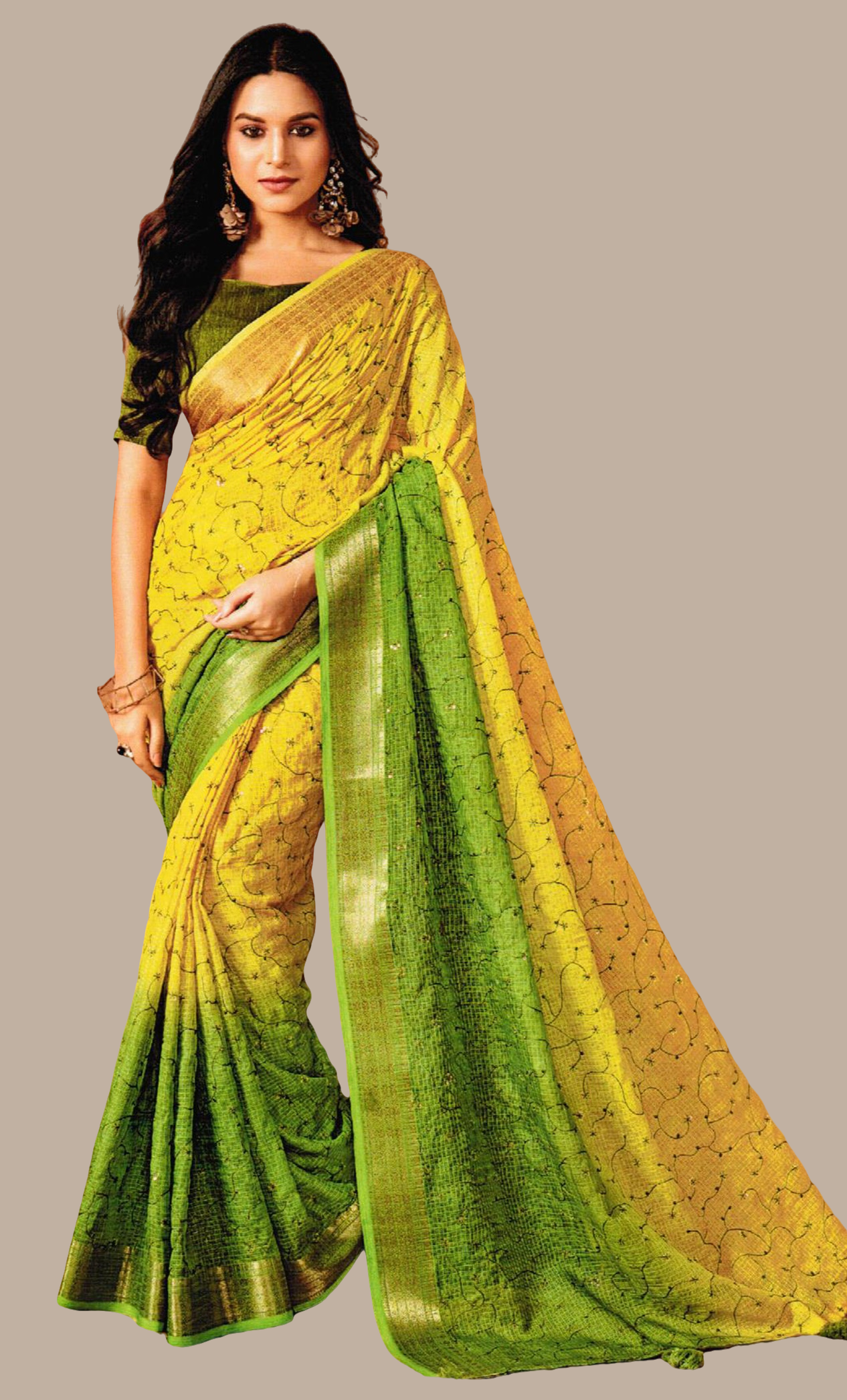 Lime Green Embroidered Sari