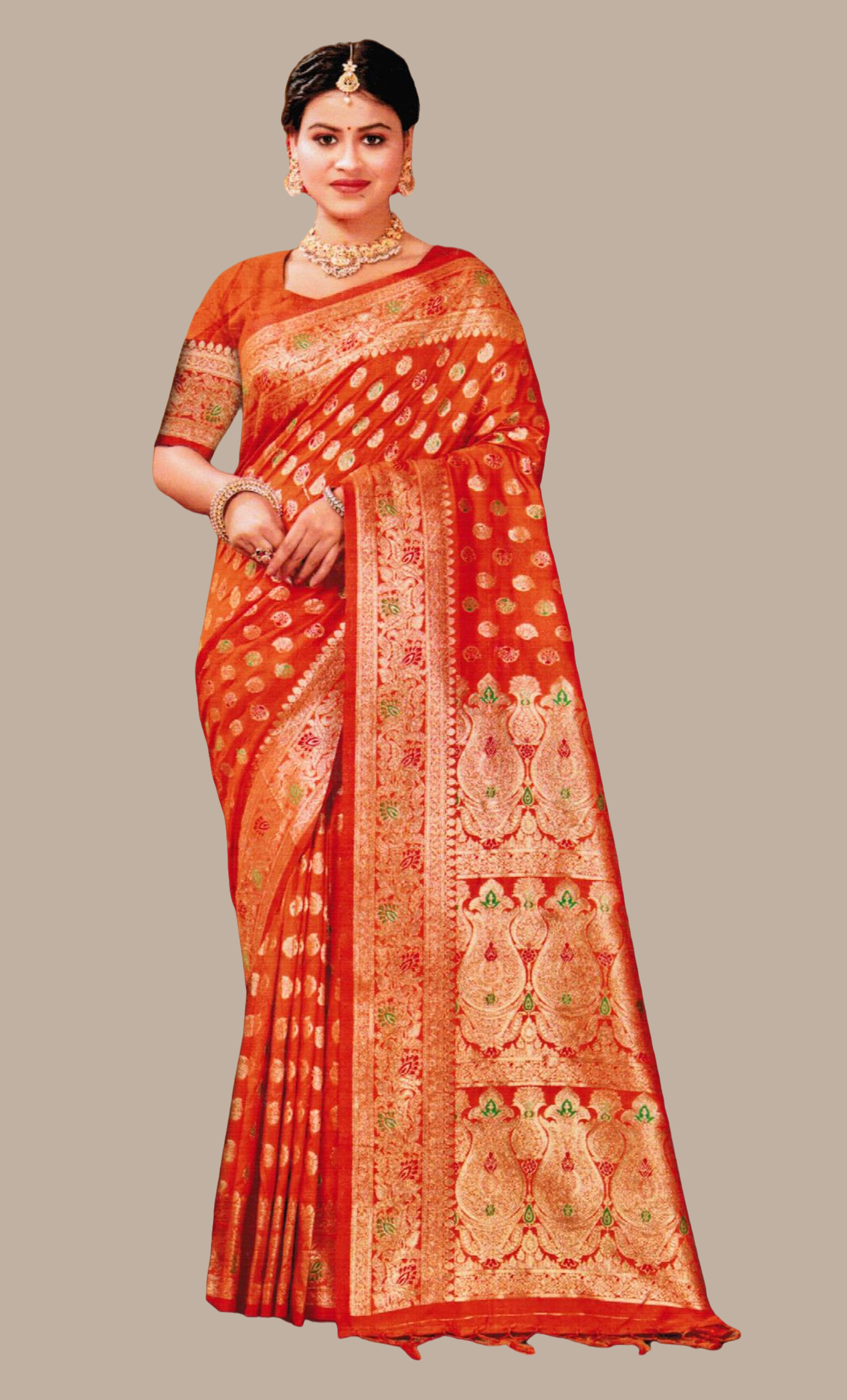 Deep Orange Woven Art Silk Sari