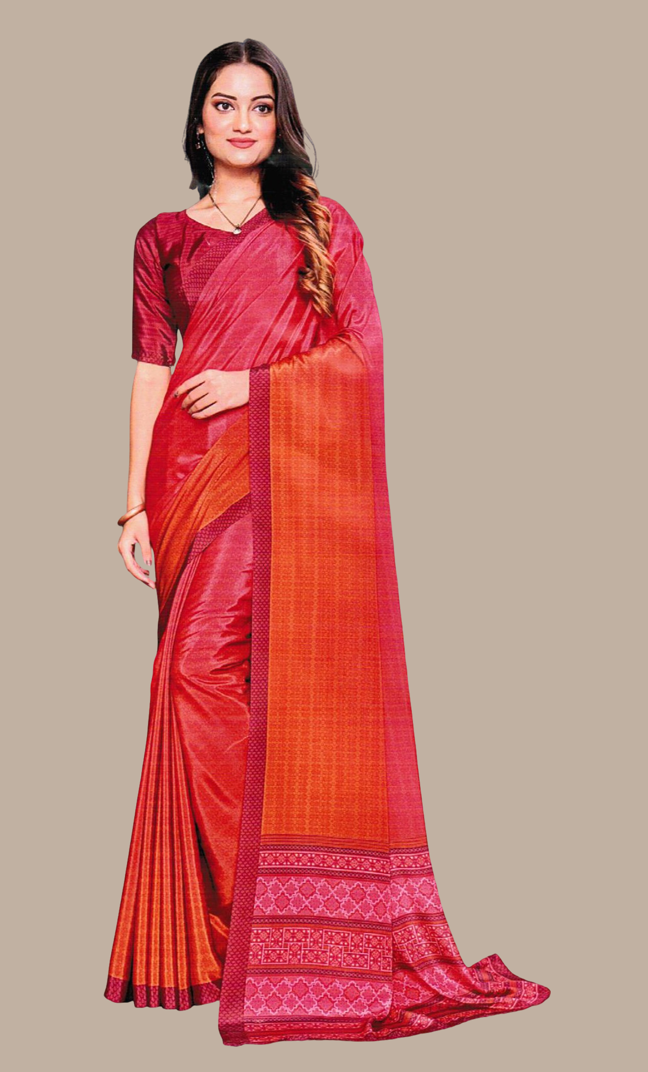 Deep Coral Printed Sari