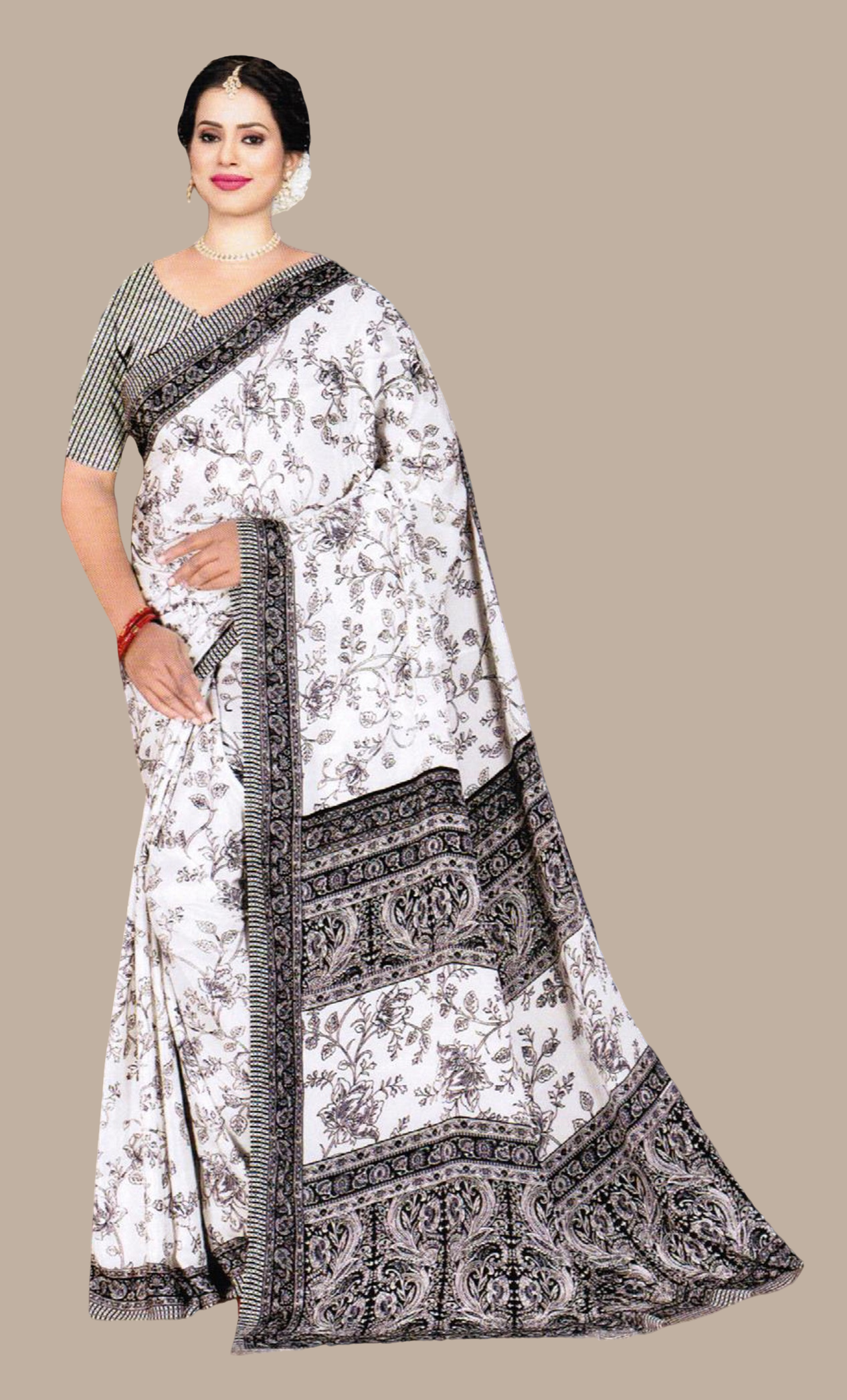 Off White Printed Sari