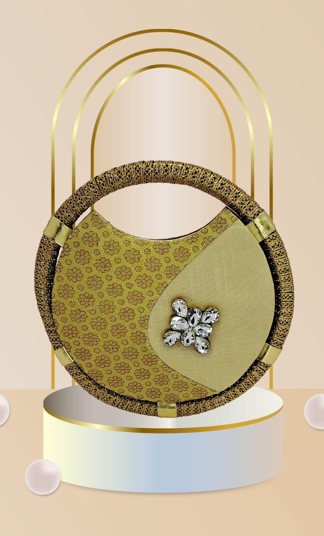 Beige Round Woven Handbag