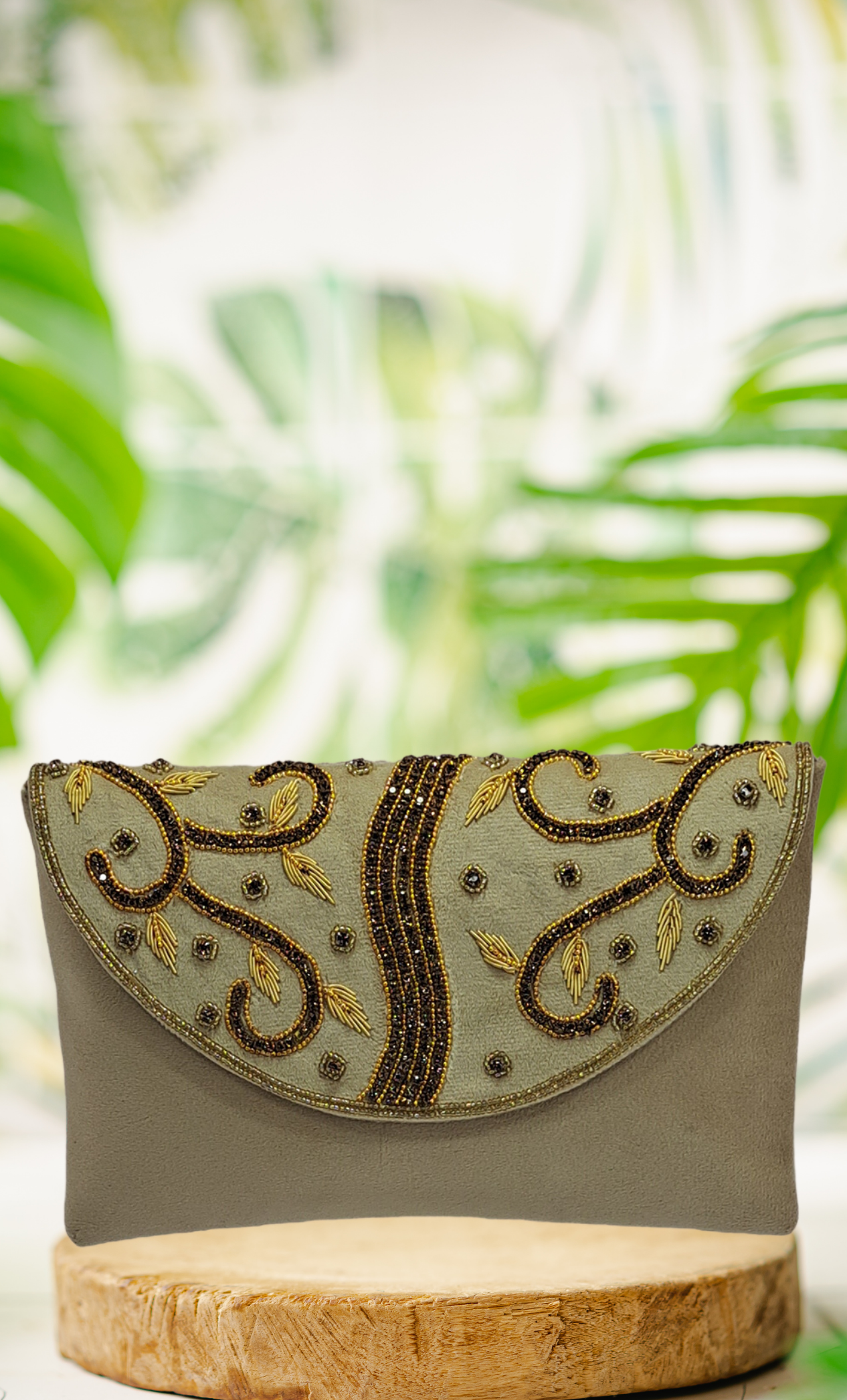 Beige Stone Work Embroidered Clutch