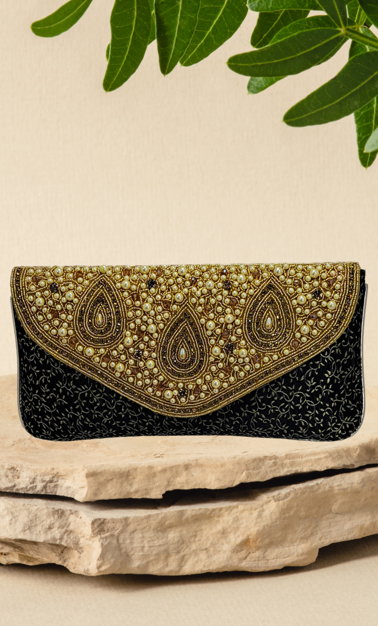 Black Stone Work Embroidered Clutch