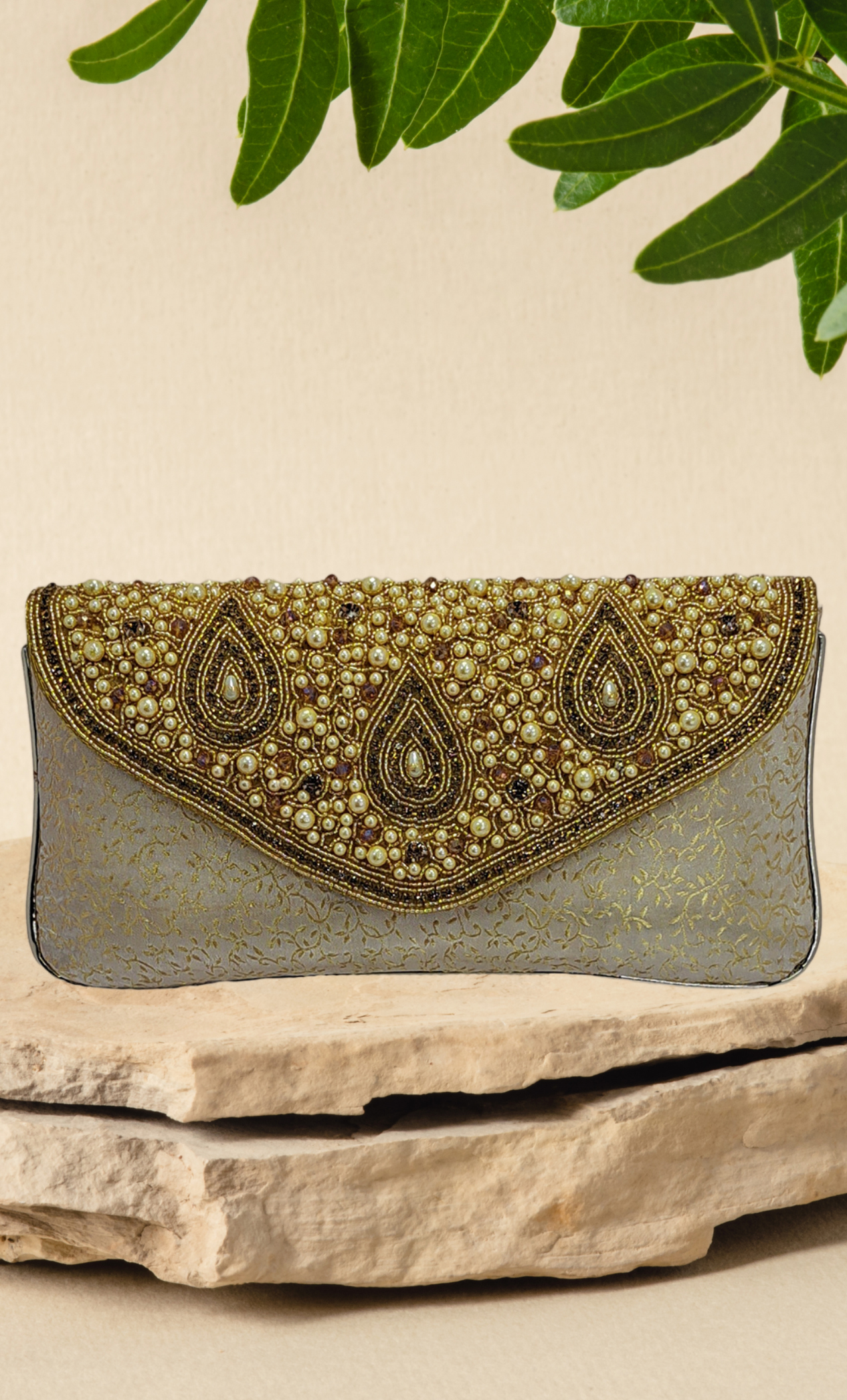 Soft Cream Stone Work Embroidered Clutch