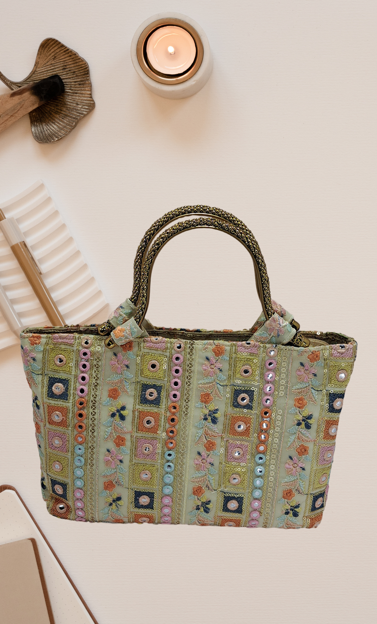 Cream Embroidered Handbag