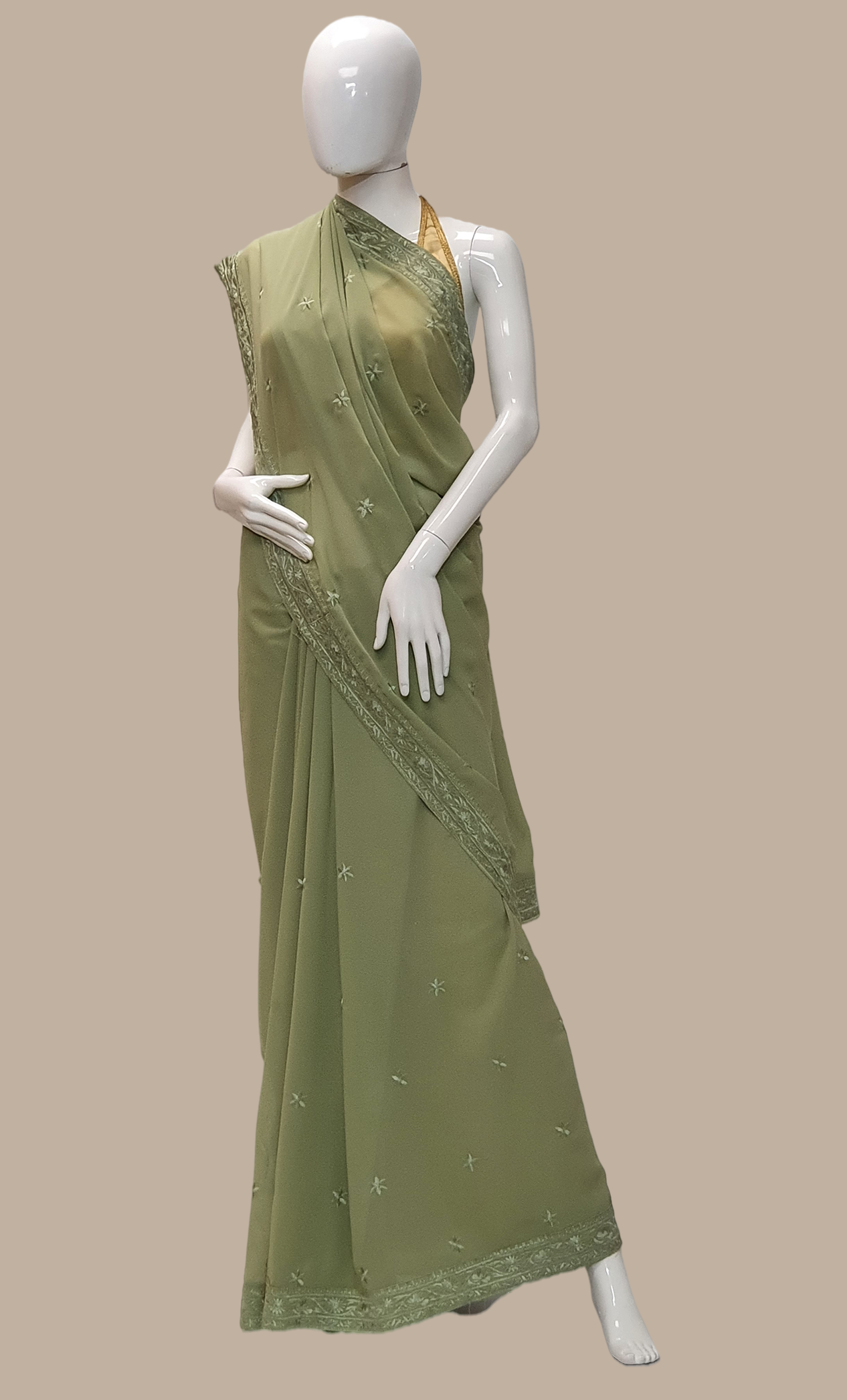 Olive Green Right Hand Embroidered Sari