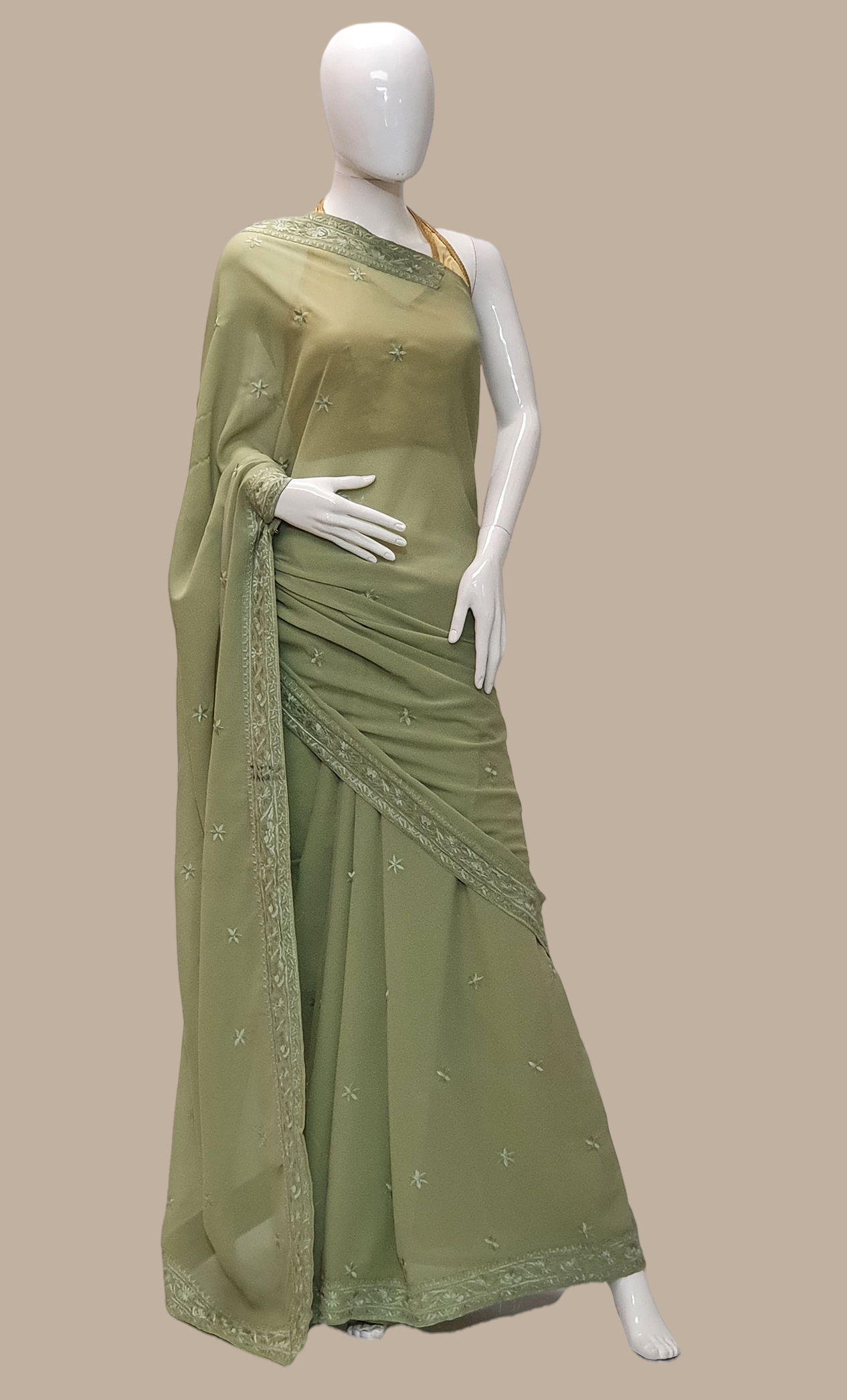 Olive Green Right Hand Embroidered Sari