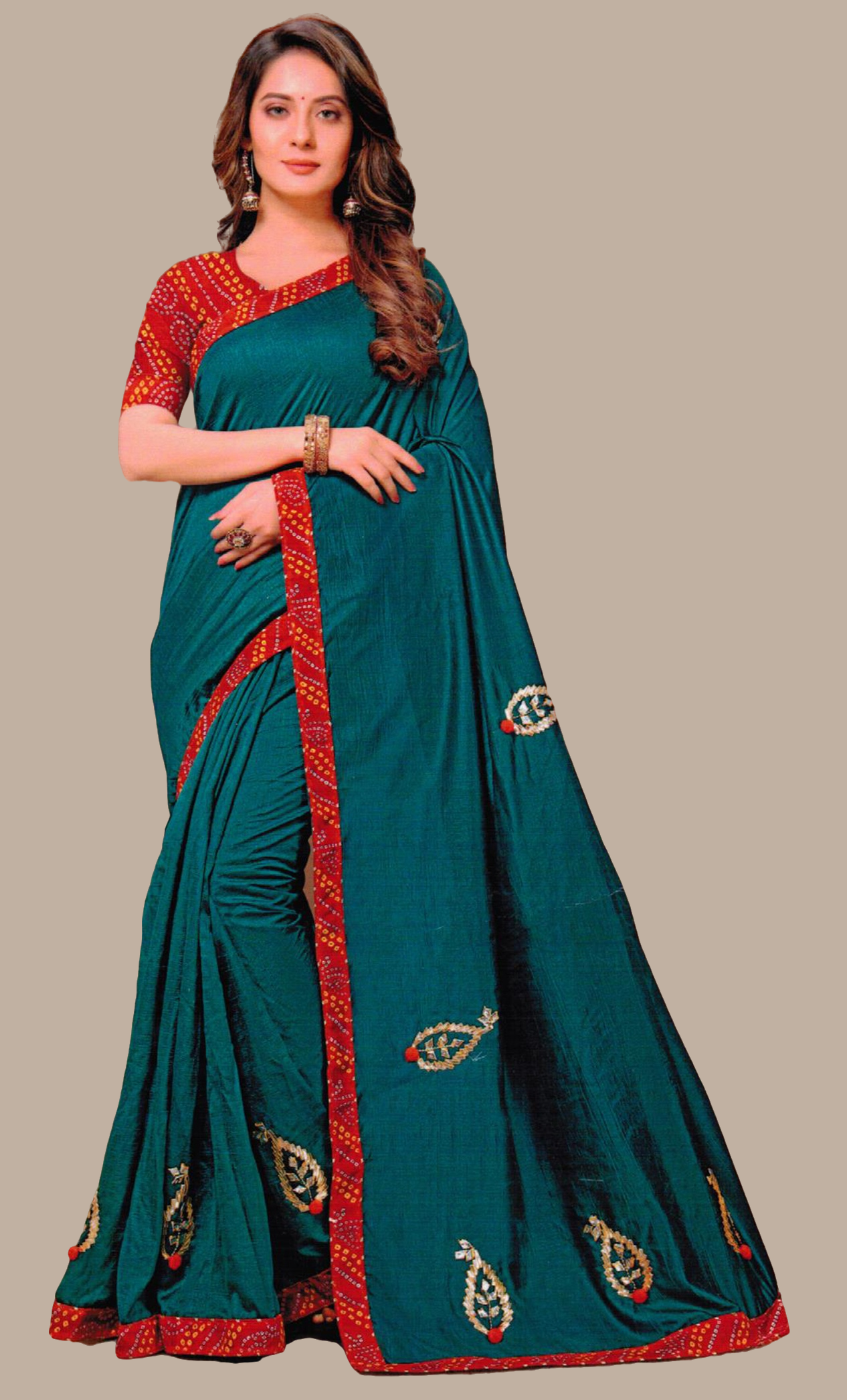 Deep Teal  Bandhani Embroidered Sari