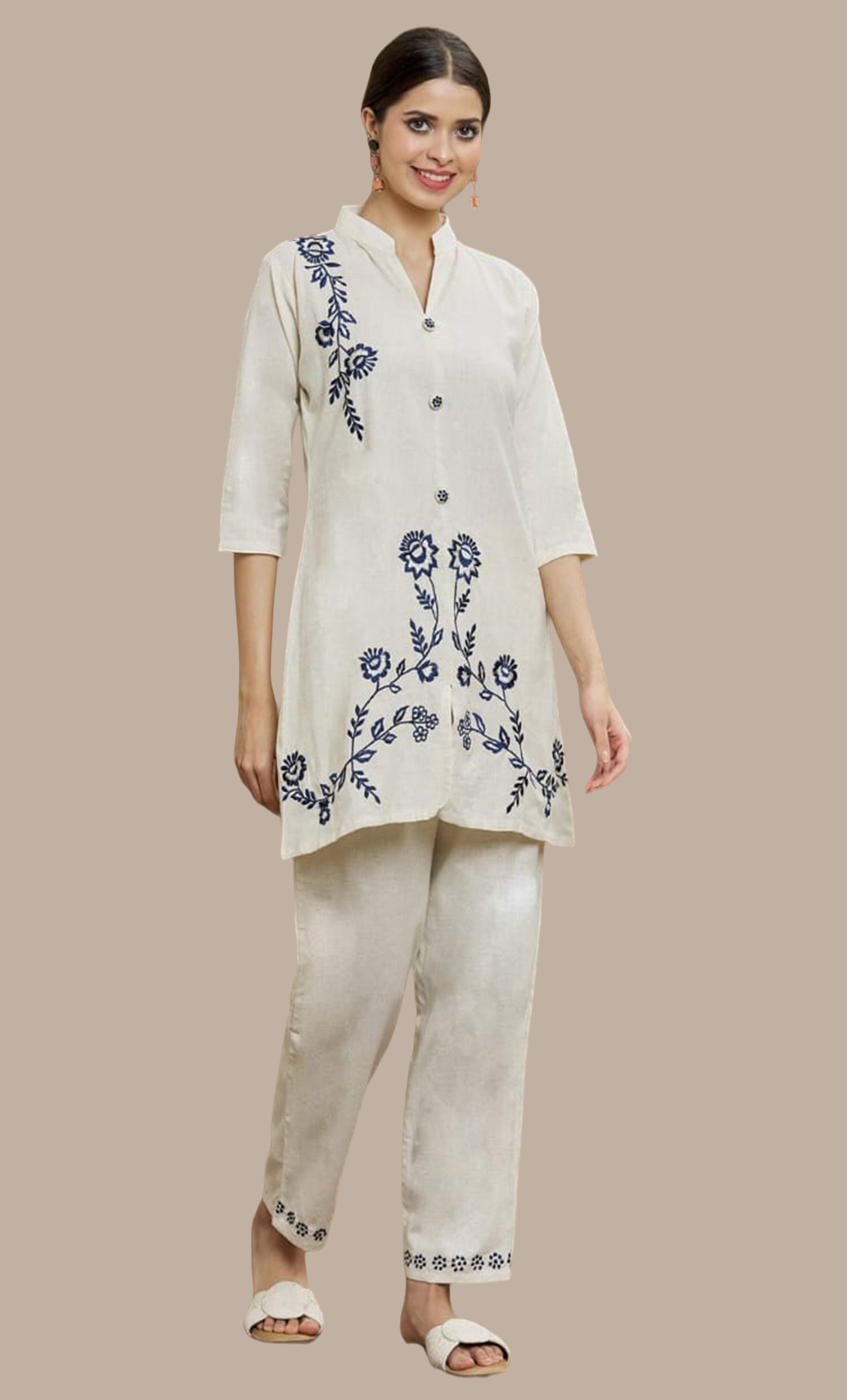 Cream Embroidered Fusion Kurti & Pants