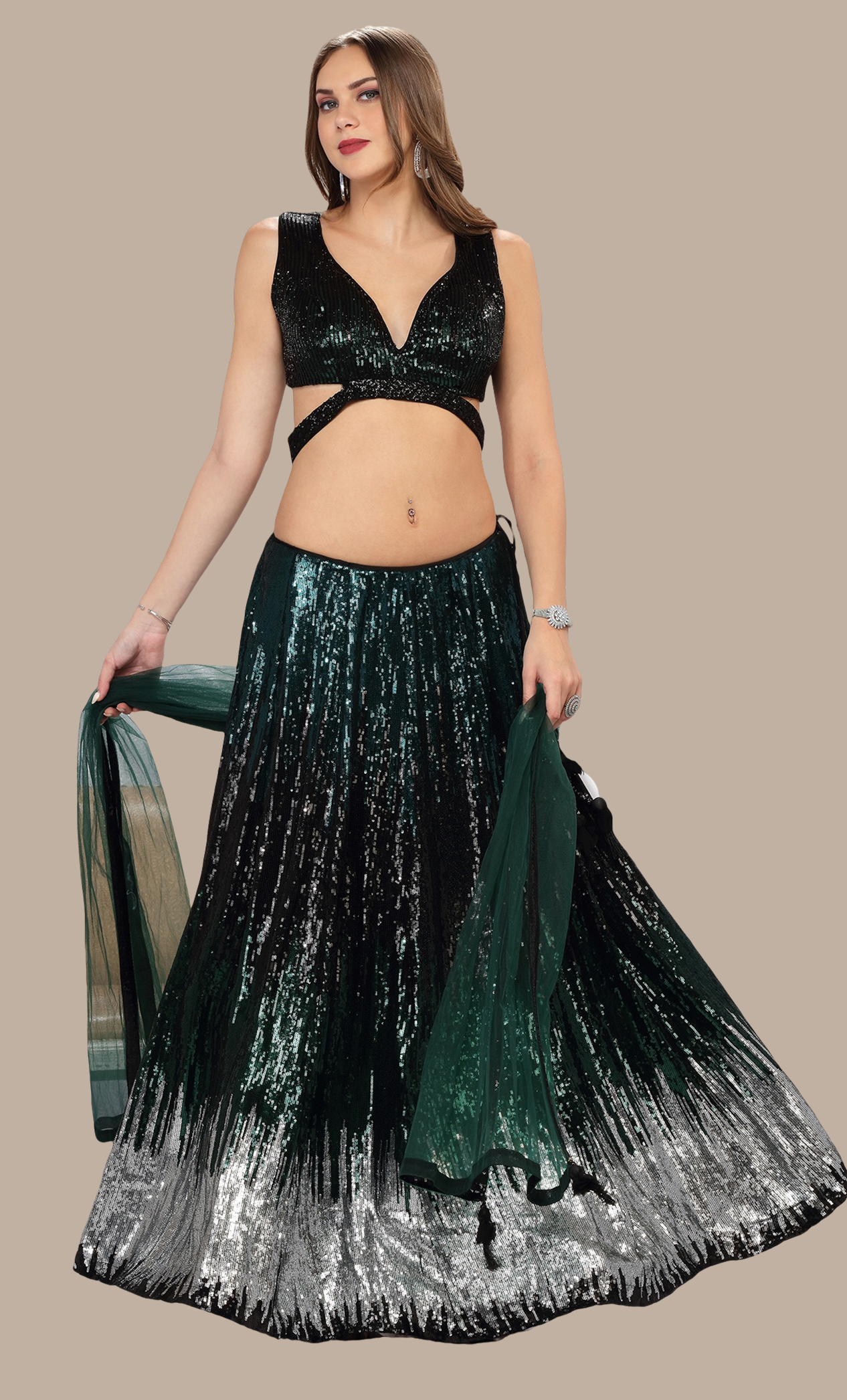 Bottle Green Sequin Embroidered Chania Choli Set