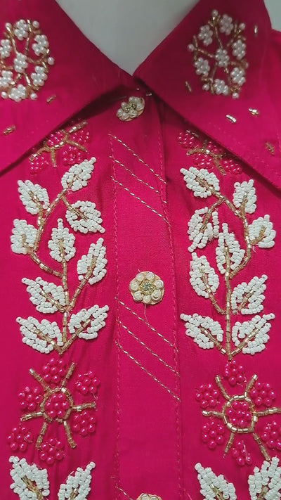 Deep Cerise Embroidered Fusion Kurti & Pants