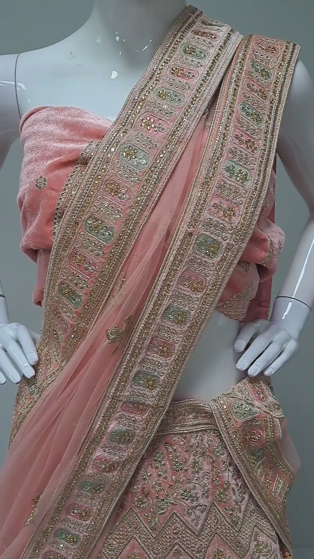 Peach Velvet Embroidered Lengha