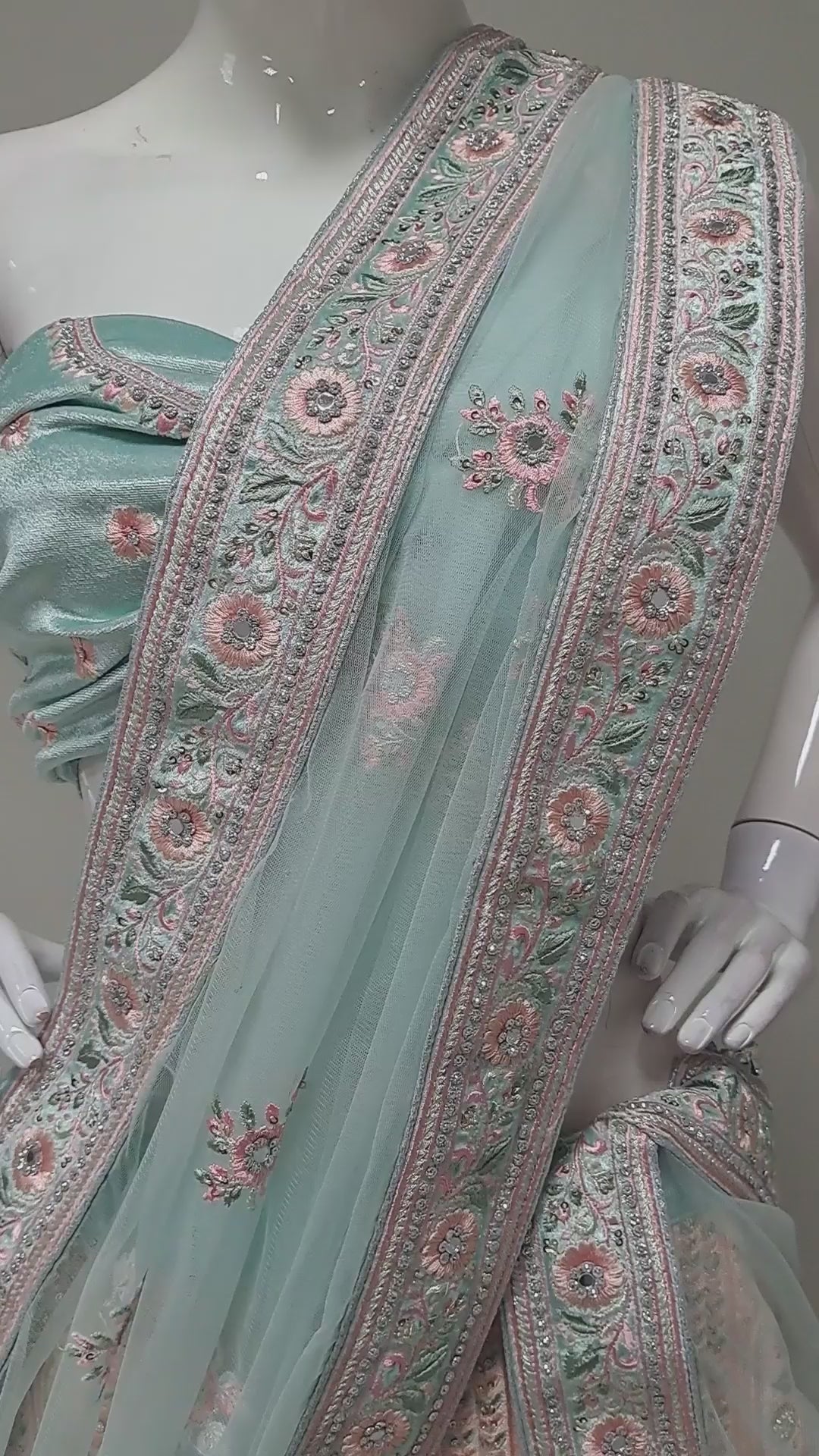 Aqua Green Velvet Embroidered Lengha