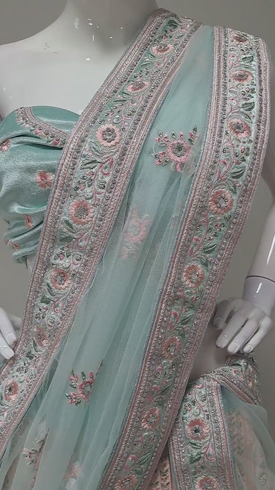 Aqua Green Velvet Embroidered Lengha