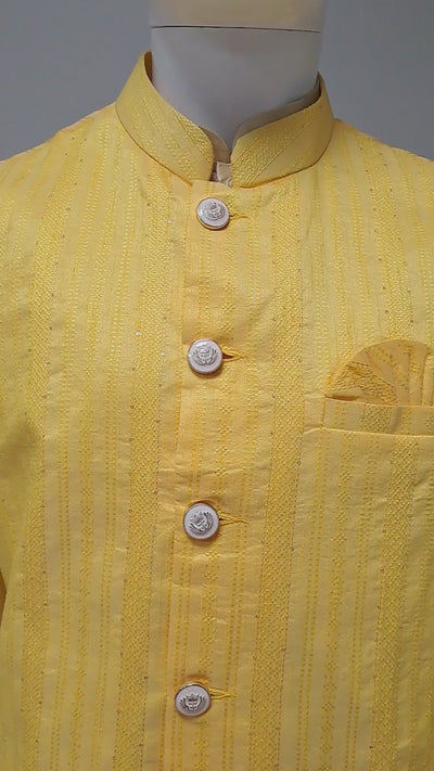 Canary Yellow Embroidered Kurta & Waist Coat