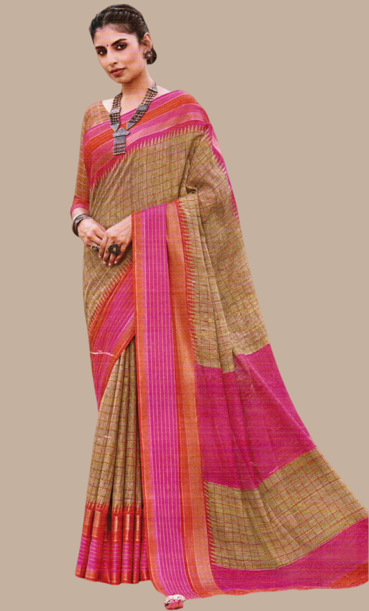 Deep Beige Printed Cotton Sari