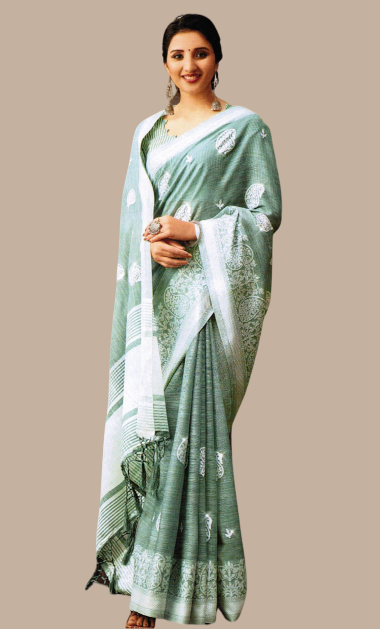 Mint Green Embroidered Linen Sari