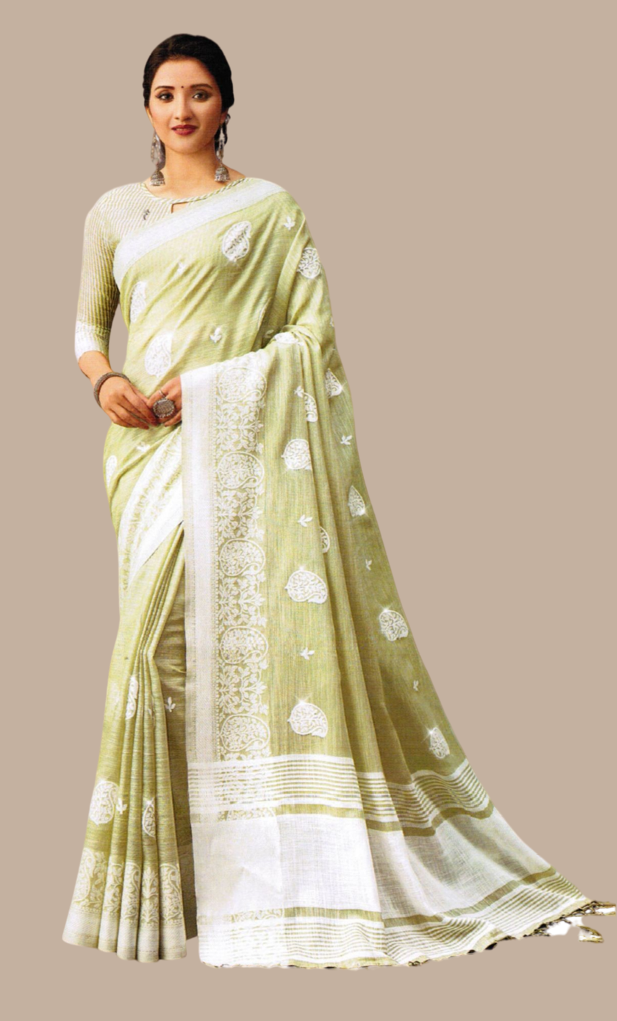 Light Lime Embroidered Linen Sari