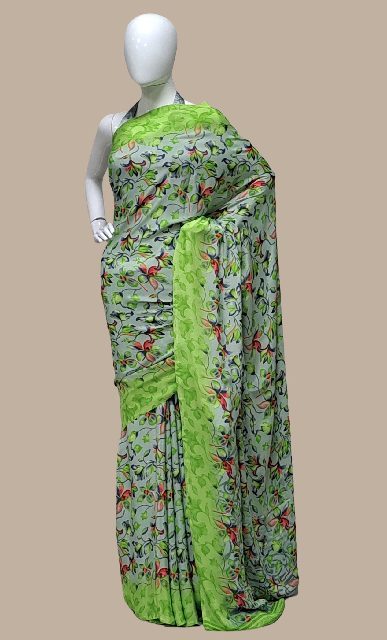 Lime Green Floral Printed Sari