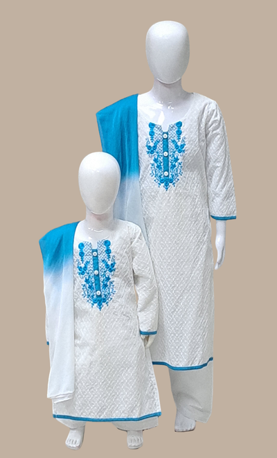 Blue Cotton Embroidered Girls Punjabi