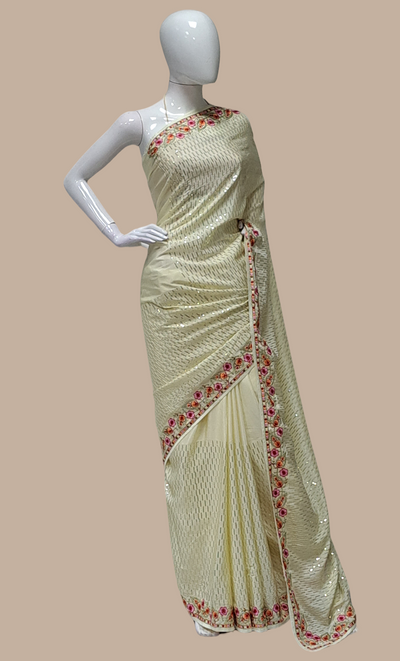 Cream Sequin Embroidered Sari