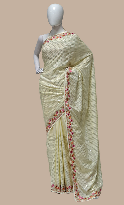 Cream Sequin Embroidered Sari