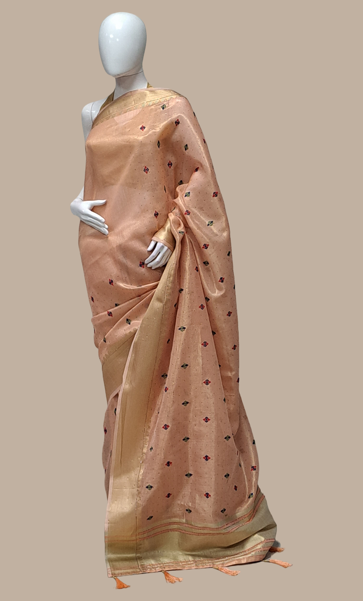 Peach Embroidered Linen Sari