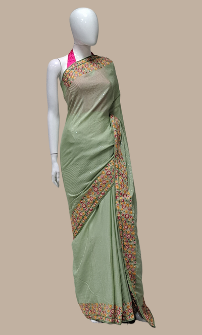 Deep Mint Green Embroidered Sari