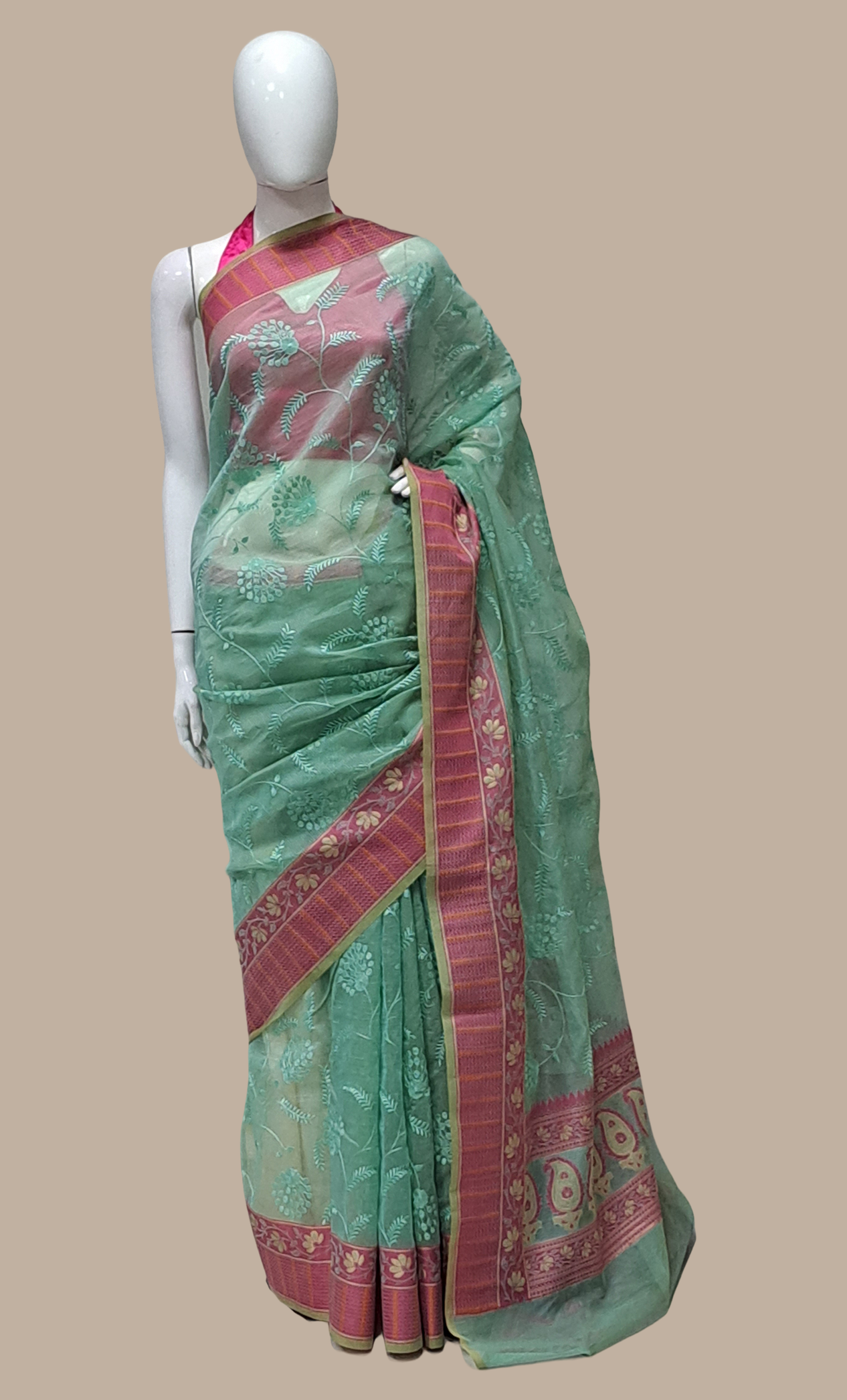 Pale Sea Green Embroidered Cotton Sari