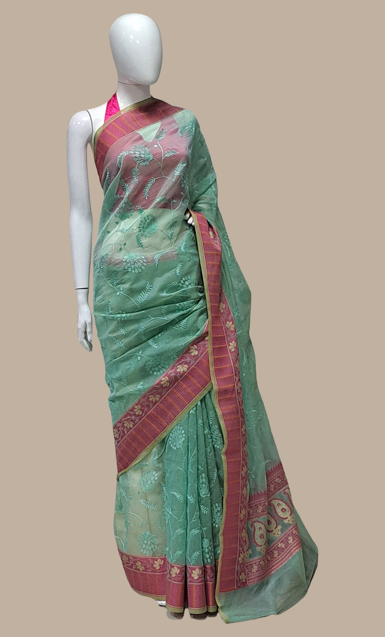 Pale Sea Green Embroidered Cotton Sari