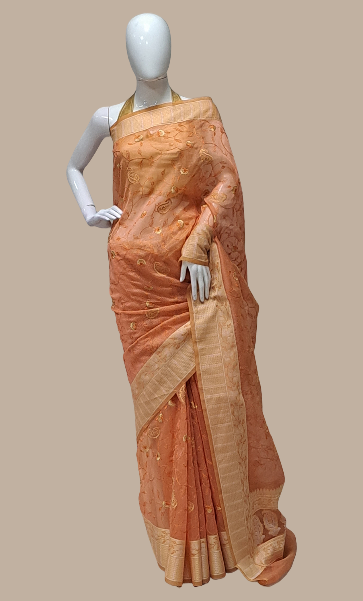 Deep Peach Embroidered Cotton Sari