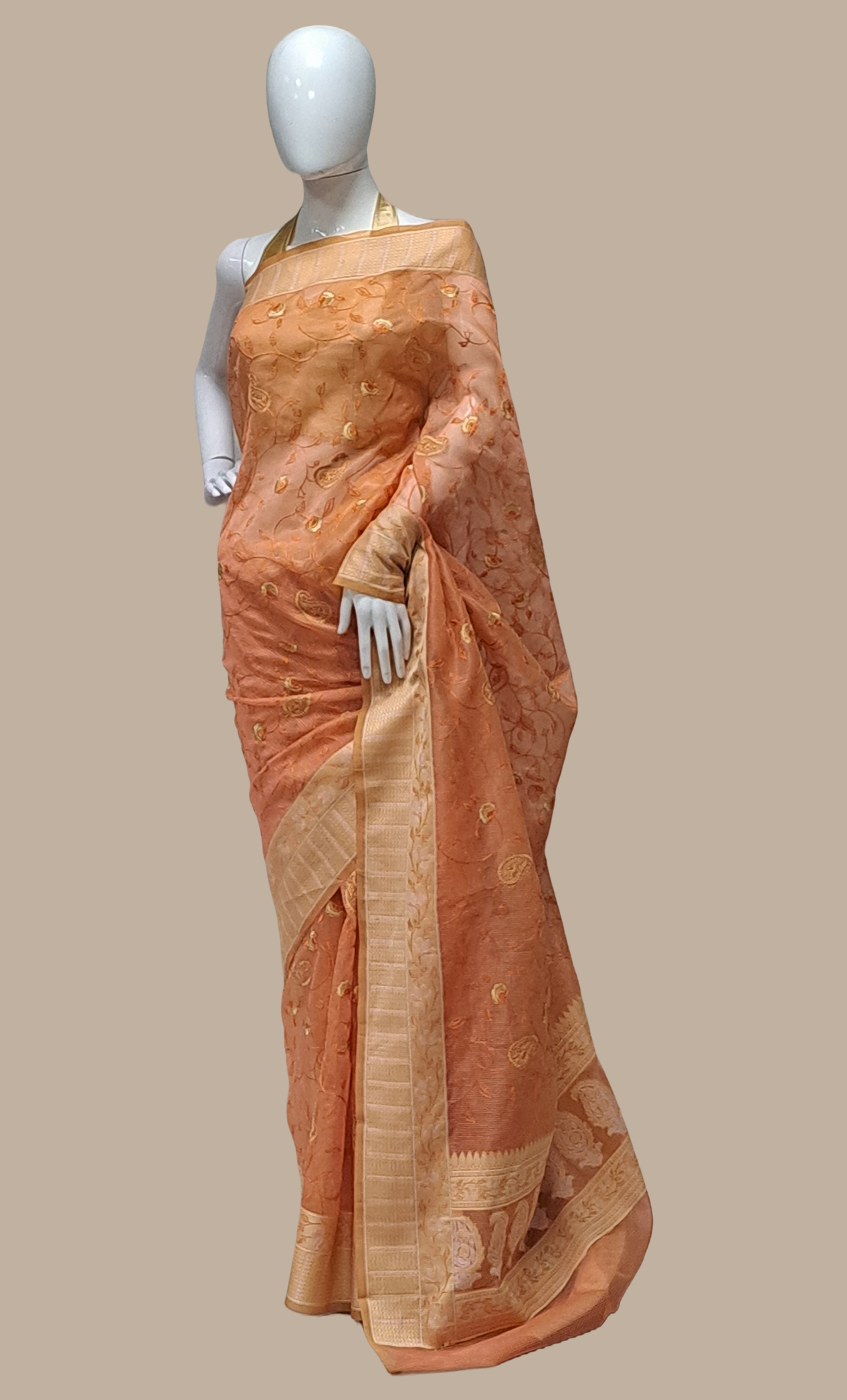 Deep Peach Embroidered Cotton Sari