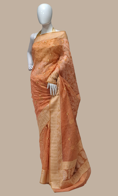 Deep Peach Embroidered Cotton Sari