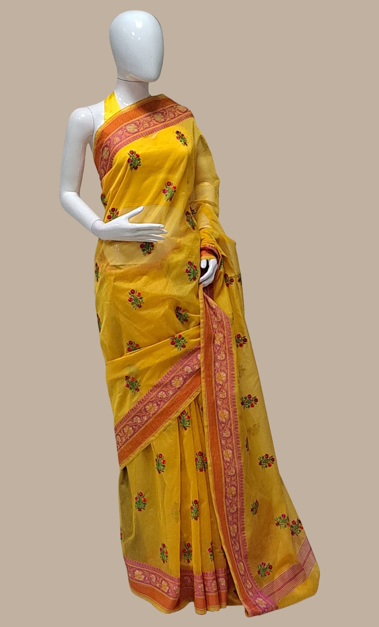 Deep Mustard Embroidered Cotton Sari